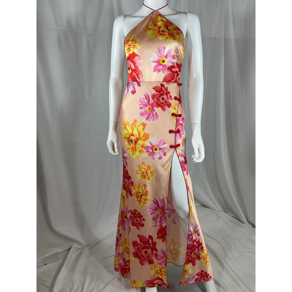 Floral Halter Neck Pink Satin Evening Gown with High Slit - Picture 2 of 4